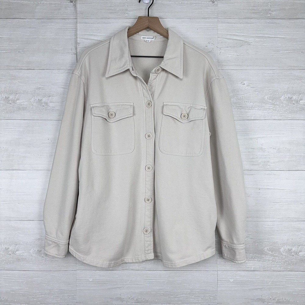 Good American Shacket Shirt Jacket Size 3/4 Large Button Up Cotton Terry Cream‎